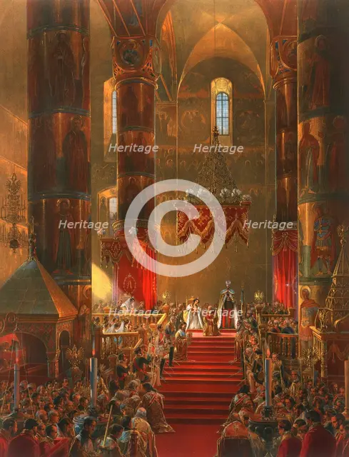 The Metropolitan genuflects at the coronation ceremony of Tsar Alexander II, Moscow, 1856.  Artist: Georg Wilhelm Timm