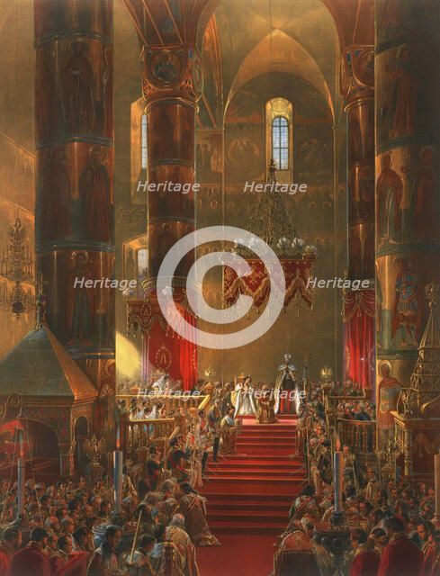 The Metropolitan genuflects at the coronation ceremony of Tsar Alexander II, Moscow, 1856.  Artist: Georg Wilhelm Timm