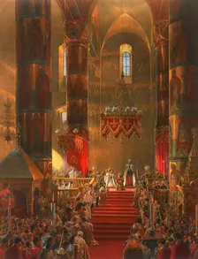 The Metropolitan genuflects at the coronation ceremony of Tsar Alexander II, Moscow, 1856. Artist: Georg Wilhelm Timm