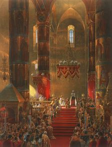 The Metropolitan genuflects at the coronation ceremony of Tsar Alexander II, Moscow, 1856. Artist: Georg Wilhelm Timm