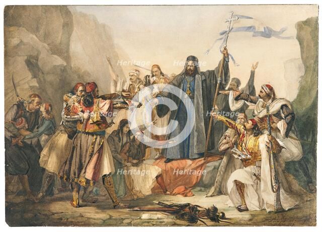 The Metropolitan Germanos raising the banner of freedom (Scene from the Greek struggle..., 1829. Creator: Lipparini, Ludovico (1802-1856).