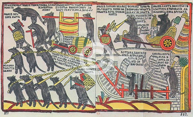 'The Mice are burying the Cat', Lubok print, 1760. Artist: Unknown