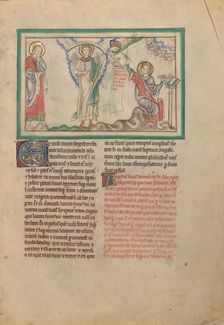 The Mighty Angel and John Forbidden to Write; Dyson Perrins Apocalypse, about 1255-1260. Creator: Unknown