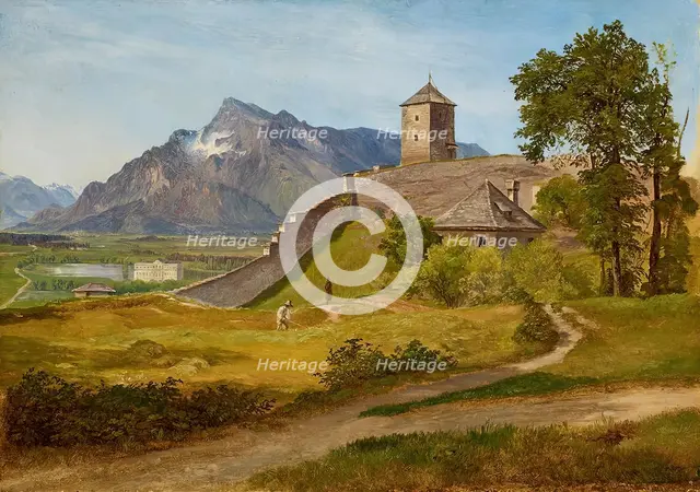 The Military Guard House and the Joseph Tower on the Salzburg Monchsberg, 1835. Creator: Friedrich Loos.