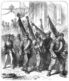 The Military Triumph at Berlin: captured French eagles passing under the Brandenburg Gate, 1871. Creator: Unknown