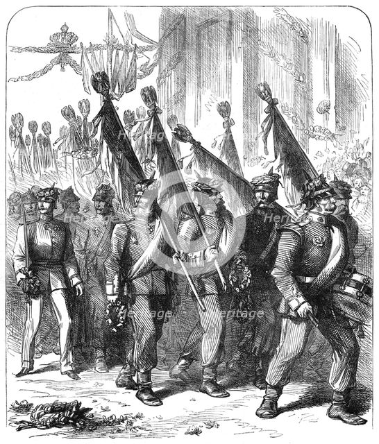 The Military Triumph at Berlin: captured French eagles passing under the Brandenburg Gate, 1871. Creator: Unknown.