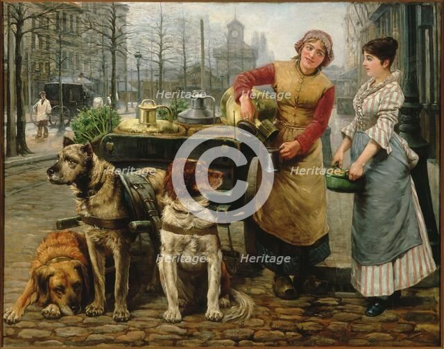 The Milkmaid with dog cart on the De Keyserlei in Antwerp , c. 1890. Creator: Houben, Henri (1858-1931).