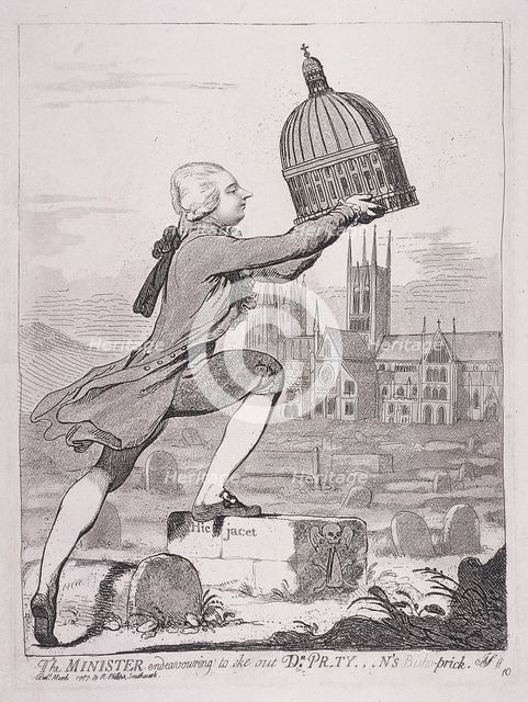 'The Minister endeavouring to eke out Dr Pr-ty---n's Bisho-prick', 1787. Artist: James Gillray