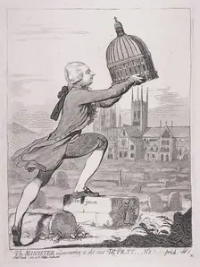 The Minister endeavouring to eke out Dr Pr-ty---n's Bisho-prick 1787. Artist: James Gillray