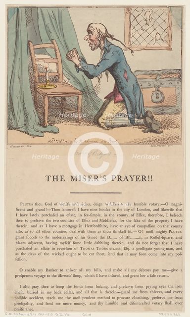 The Miser's Prayer, Feb 10, 1801., Feb 10, 1801. Creator: Thomas Rowlandson.
