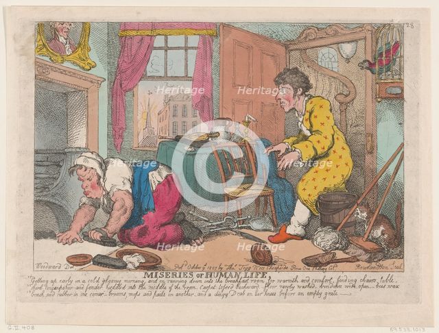 The Miseries of Human Life: Getting Up Early in a Cold Gloomy Morning...Before ..., October 9, 1807. Creator: Thomas Rowlandson.