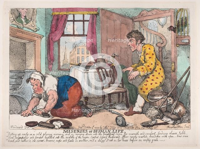The Miseries of Human Life: Getting Up Early in a Cold Gloomy Morning...Before ..., October 9, 1807. Creator: Thomas Rowlandson.
