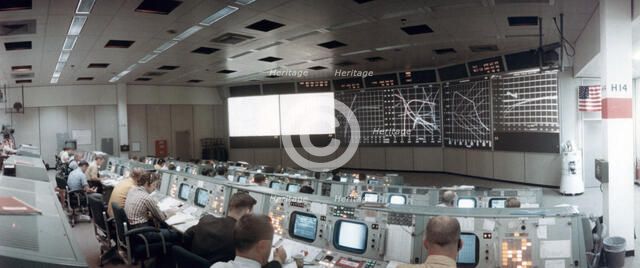 The Mission Operations Control Room in Mission Control Centre, Houston, Texas, USA, 1971.ston, 1971.Artist: NASA
