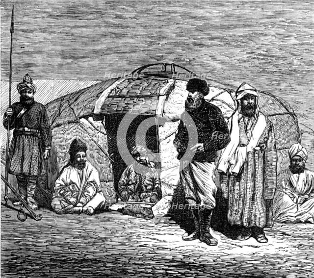 The Mission to Yarkund and Kashgar: travellers' smoking-divan in a Kirghiz tent, 1874. Creator: Unknown.