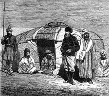 The Mission to Yarkund and Kashgar: travellers smoking-divan in a Kirghiz tent, 1874. Creator: Unknown