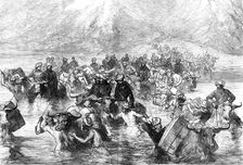 The Mission to Yarkund: crossing the Shayok below the Khardung Pass, 1874. Creator: Unknown