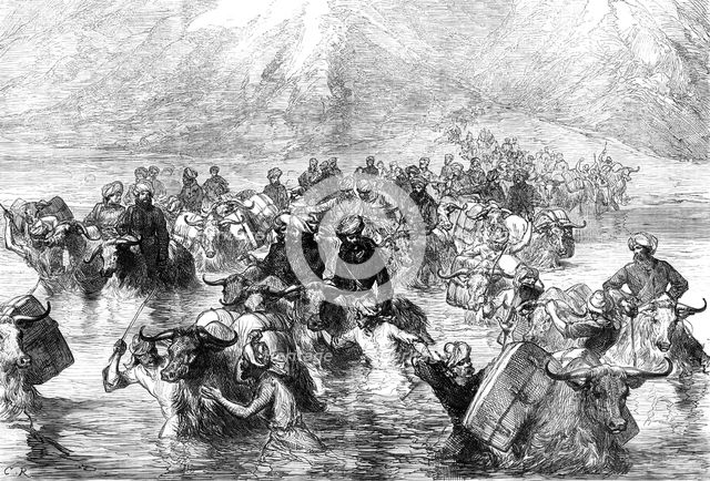 The Mission to Yarkund: crossing the Shayok below the Khardung Pass, 1874. Creator: Unknown.