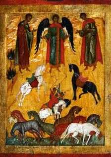 The Miracle of Florus and Laurus, early 16th century. Creator: Russian icon
