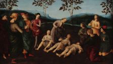 The miracle of Saint Eusebius of Cremona: Eusebius of Cremona raising Three Men from..., c1502-1503. Creator: Raphael (Raffaello Sanzio da Urbino) (1483-1520)