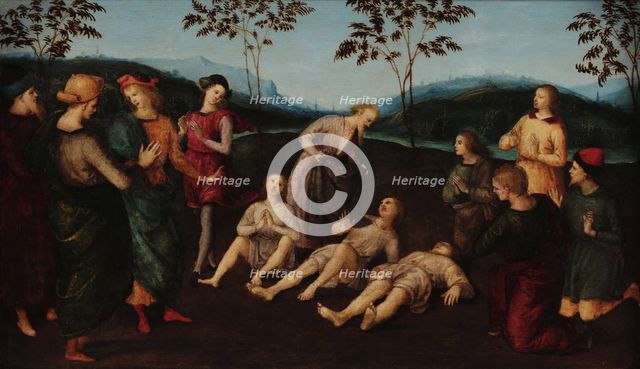 The miracle of Saint Eusebius of Cremona: Eusebius of Cremona raising Three Men from..., c1502-1503. Creator: Raphael (Raffaello Sanzio da Urbino) (1483-1520).