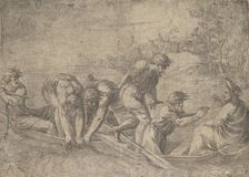 The miraculous draught of the fishes, Christ at the right accompanied by apostles in..., ca.1548-52. Creator: Andrea Schiavone