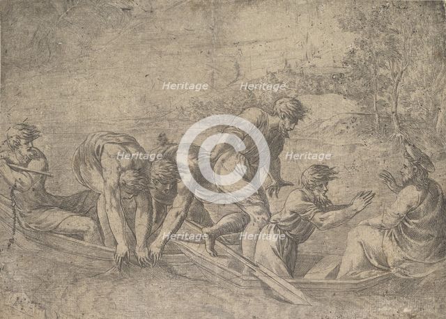 The miraculous draught of the fishes, Christ at the right accompanied by apostles in..., ca.1548-52. Creator: Andrea Schiavone.