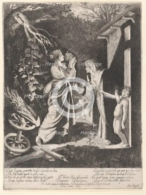 The Mocking of Ceres: a nocturnal scene with Ceres drinking from a jug of water given to h..., 1633. Creator: Bernardino Capitelli.