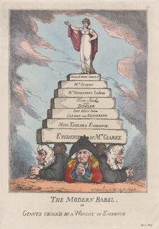 The Modern Babel, or Giants Crushed by a Weight of Evidence, April 11, 1809., April 11, 1809. Creator: Thomas Rowlandson