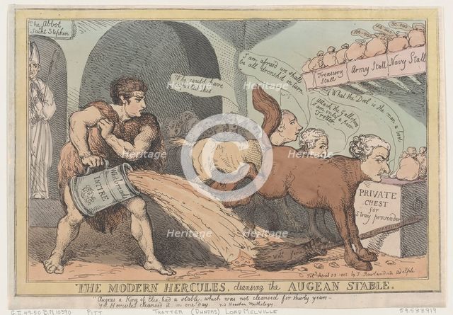 The Modern Hercules, Cleansing the Augean Stable, April 23, 1805., April 23, 1805. Creator: Thomas Rowlandson.