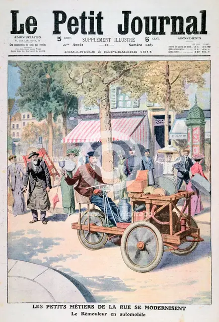 The Modernisation of the Street Traders: the Knife-Grinder's Car, 1911. Artist: Unknown