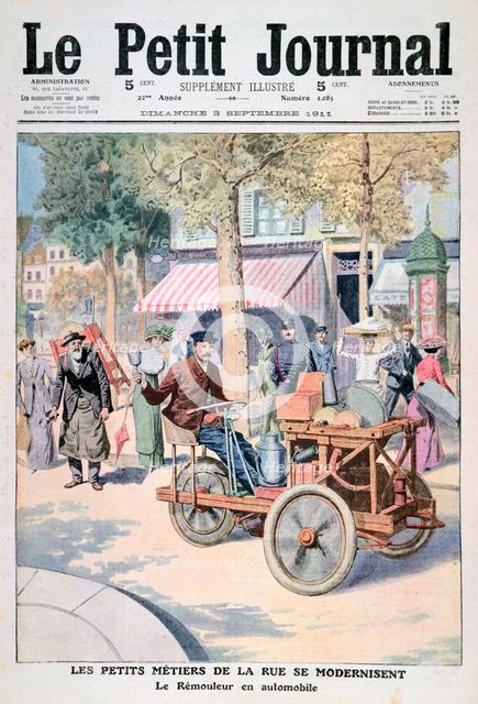 The Modernisation of the Street Traders: the Knife-Grinder's Car, 1911. Artist: Unknown