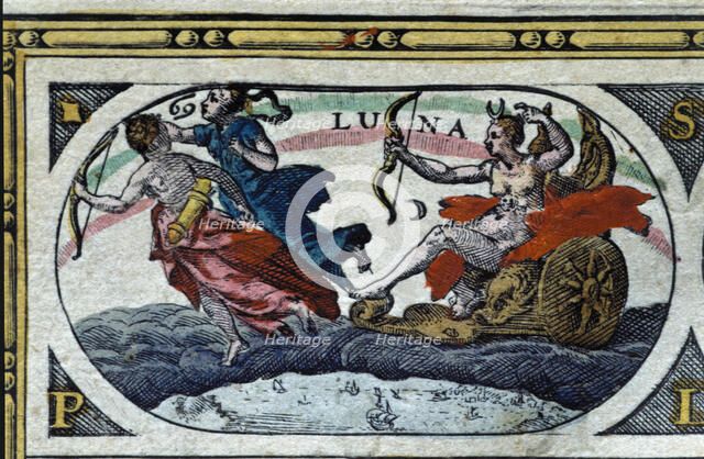 The moon, colored engraving from the book 'Le Theatre du monde' or 'Nouvel Atlas', 1645, created,…