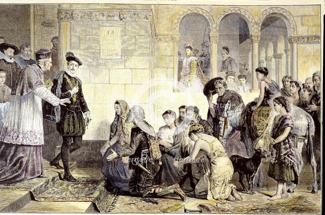 The Moorish pleading for King Philip III to repeal the decree of expulsion of 1609. Engraving pub…