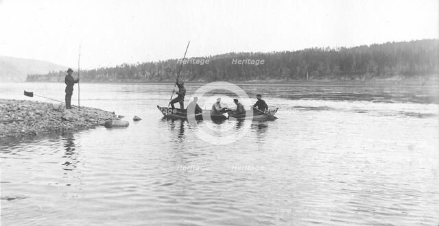 The moment of taking measurements of the river depth from a boat, 1909. Creator: Vladimir Ivanovich Fedorov.