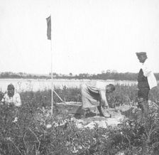 The moment of laying the benchmark on the river bank, 1909. Creator: Vladimir Ivanovich Fedorov