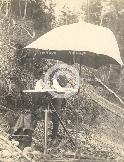 The moment of shooting with a mensula on a forest slope, 1909. Creator: Vladimir Ivanovich Fedorov.