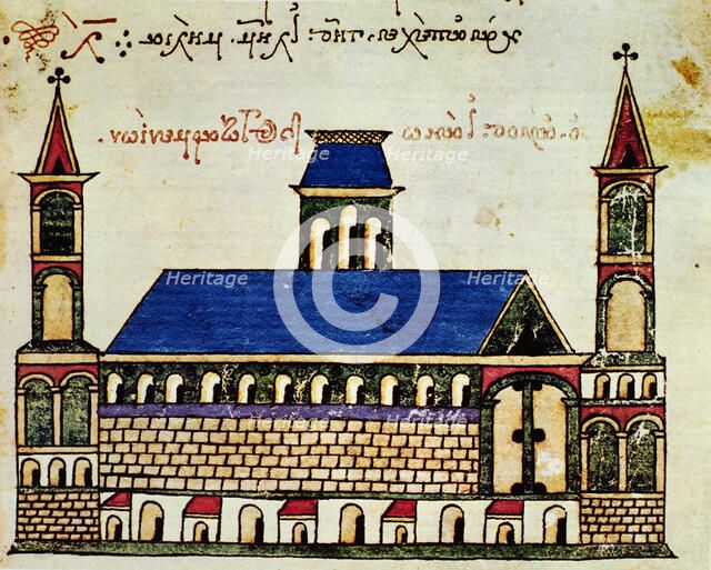 The monastery of San Juan of the Armenians on Mount Athos (Greece), Byzantine miniature, 1300.