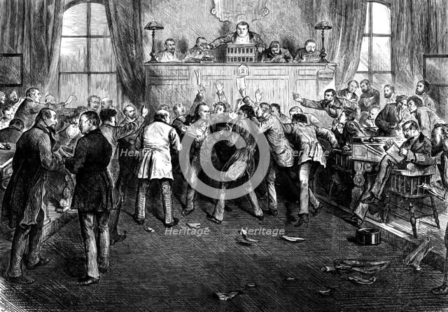 The Money Market Panic in America: scene at the Stock Exchange, San Francisco, 1873. Creator: Joseph Swain.