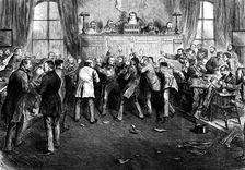 The Money Market Panic in America: scene at the Stock Exchange, San Francisco, 1873. Creator: Joseph Swain