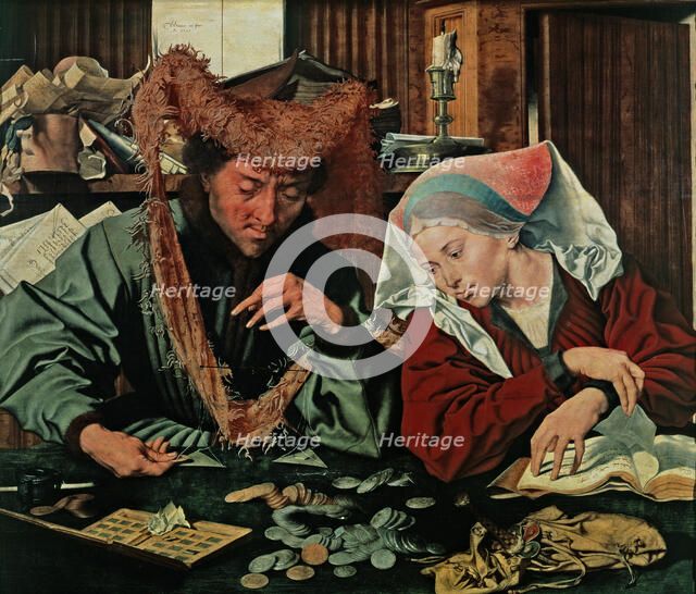  'The money changer and his wife', oil painting by Marinus Reymerswaele.
