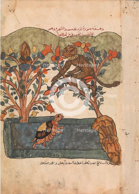 The Monkey Escapes to the Safety of the Fig Tree, Folio from a Kalila wa Dimna, 18th century. Creator: Unknown.