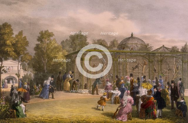 The Monkey House at the Zoological Gardens, Regent's Park, London, 1835.  Creator: George Scharf.