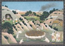 The Monkey King Vali's Funeral Pyre: Illustrated folio from a dispersed Ramayana series , ca. 1780. Creator: Workshop active in the First generation after Nainsukh (active ca. 1735?78)