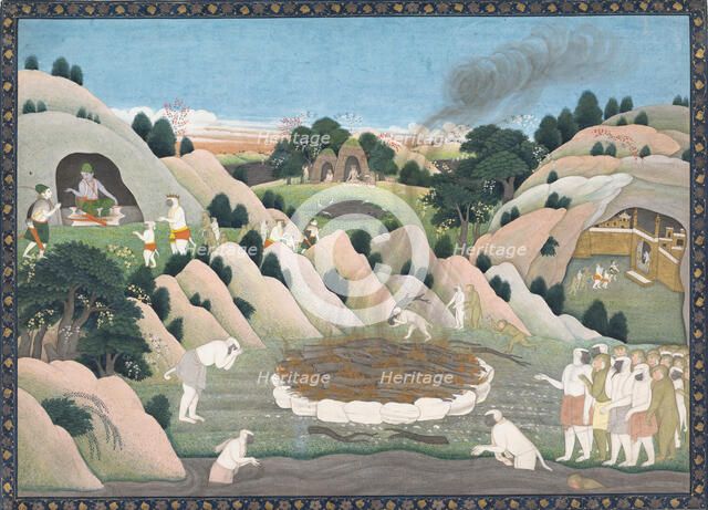 The Monkey King Vali's Funeral Pyre: Illustrated folio from a dispersed Ramayana series , ca. 1780. Creator: Workshop active in the First generation after Nainsukh (active ca. 1735-78).