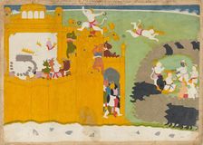 The Monkey Leader Angada Steals Ravana's Crown from His Fortress..., ca. 1725. Creator: Manaku