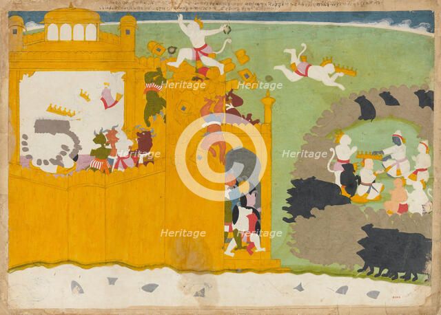 The Monkey Leader Angada Steals Ravana's Crown from His Fortress..., ca. 1725. Creator: Manaku.