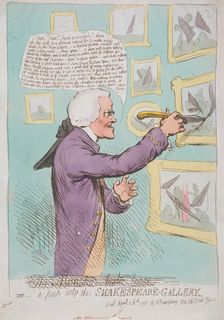 The Monster broke loose or, a peep into the Shakespeare-Gallery 1791. Artist: Anon
