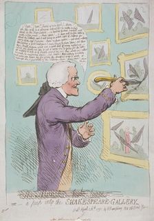 The Monster broke loose or, a peep into the Shakespeare-Gallery 1791. Artist: Anon