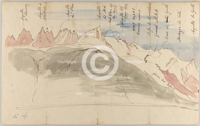 The Mont Blanc range from near Chamonix (recto): Sketches of the Mont Blanc range from the..., 1843. Creator: John Ruskin.