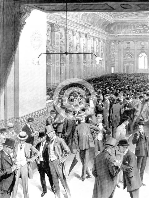 The most silent business men: in the Exchange at its busiest hour, 1909. Creator: Samuel Begg.